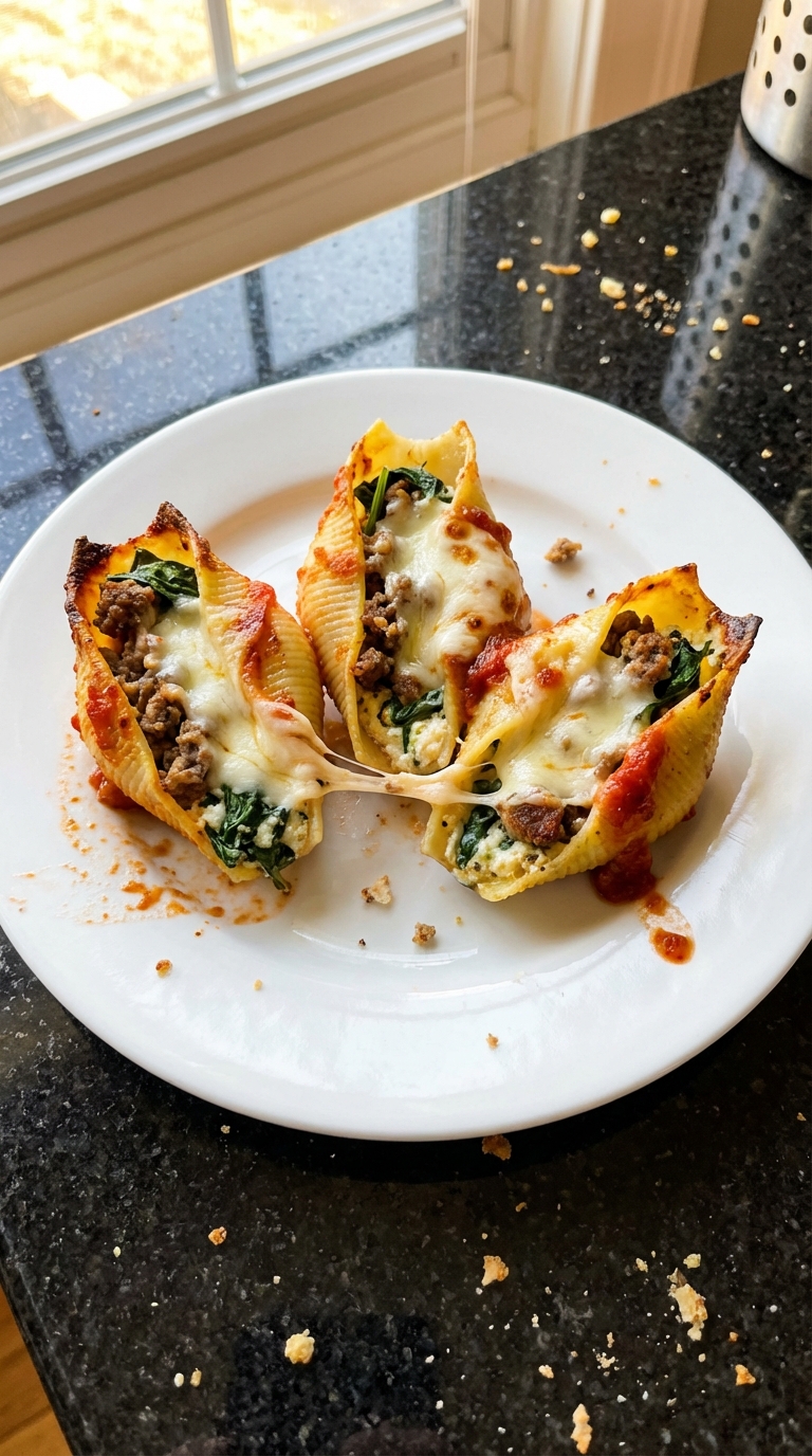 Cheesy Beef and Spinach Stuffed Shells