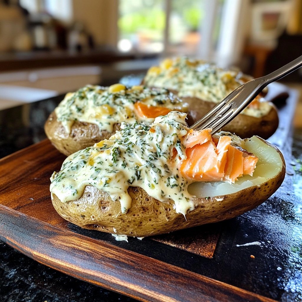 Loaded Baked Potatoes with Herb Cream and Smoked Salmon